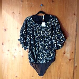 Intimately Free People Black Floral Patterned Lined Bodysuit Women's Size XL NWT